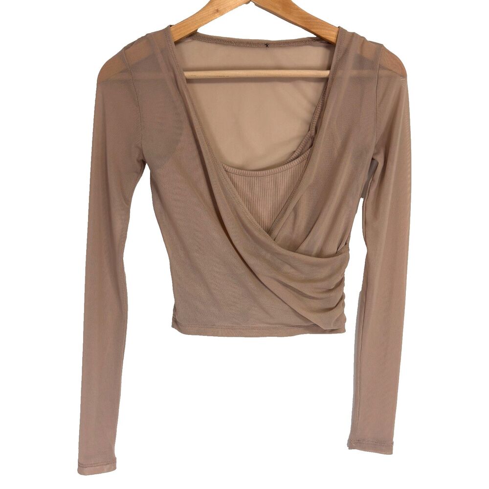 Womens Ribbed Cami with Sheer‎ Mesh Overlay Wrap Top Sz XS Beige Festival Club